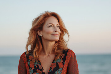 Elegant mature woman enjoying the sunset at the beach
