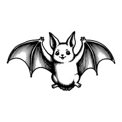 Cute Chibi Cartoon Bat Flying with Happy Face Detailed Black and White Outline Line Art Drawing