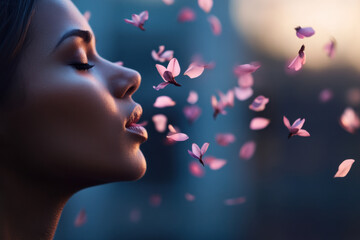 Beautiful woman breathing flower petals at sunset