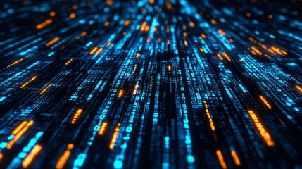 Abstract Digital Rain Flowing Data Stream, Digital Code, and Light Trails on Black Background