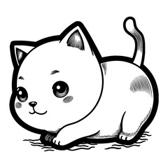 Adorable Cute Chibi Cartoon Cat Lying Down Illustration Detailed Black and White Outline Line Art Drawing