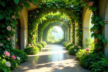 Sunlit Pathway Through a Lush, Floral Archway in a Serene Garden Setting