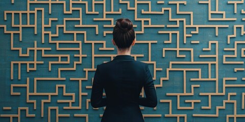 law restriction policy concept. A woman stands before a complex maze-like wall design.