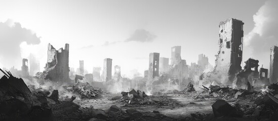 Ruined cityscape in stark black and white showcasing crumbling buildings and debris scattered across a desolate urban landscape under a cloudy sky.