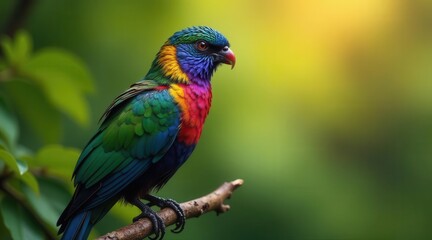 A Vibrant Rainbow Lorikeet Perched on a Branch in Lush Foliage, Displaying its Exquisite Plumage