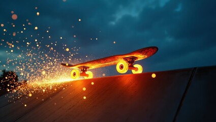 Una patineta en llamas se desliza por una rampa, dejando un rastro de chispas a su paso