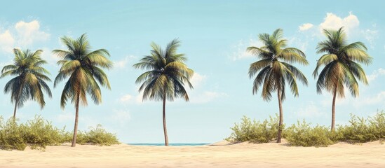 Fototapeta premium Tropical beach panorama showcasing five tall coconut palm trees in the foreground with light sandy beach and soft blue sky in the background