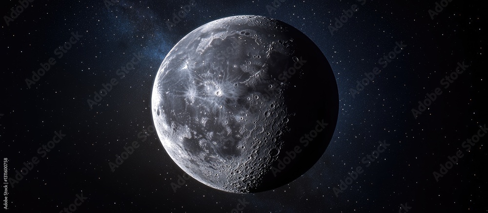 Wall mural luminous crescent moon against a deep black night sky glowing with stars, showcasing detailed lunar 