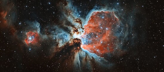 Vibrant nebula with vivid red and blue shades, showcasing swirling cosmic clouds and twinkling stars against a dark space backdrop.