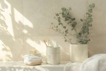 Serene Skincare Setup in Scandinavian Bathroom with Linen Curtains