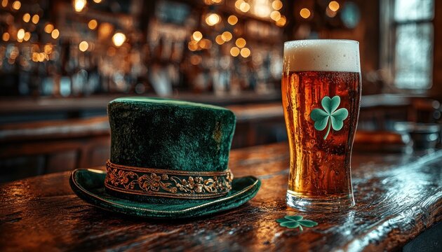 Pint of beer with a green Irish hat and shamrock on a rustic pub table celebrating St. Patrick's Day in a festive atmosphere Generative AI