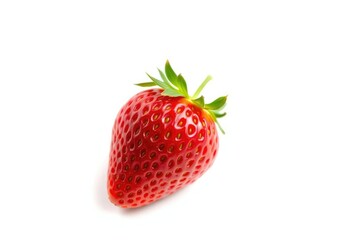 A single, ripe, red strawberry isolated on pure white, fresh, studio shot