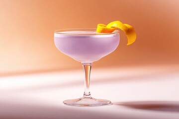 Elegant cocktail with vibrant purple hue, garnished with twist o