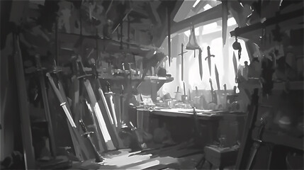 Monochrome Blacksmith’s Workshop Filled with Swords