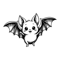 Adorable Chibi Cartoon Bat with Big Eyes and Wings Detailed Black and White Outline Line Art Drawing