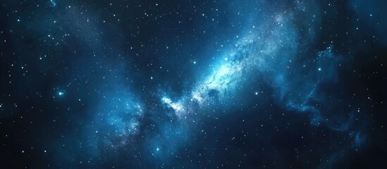 Fototapeta premium Vivid blue and black cosmic scene featuring the Milky Way core with bright star clusters positioned centrally against a dark starry backdrop
