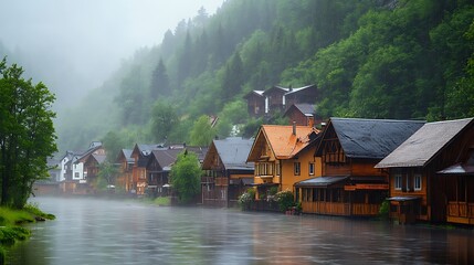 Fototapeta premium Misty rain over wooden houses by river.