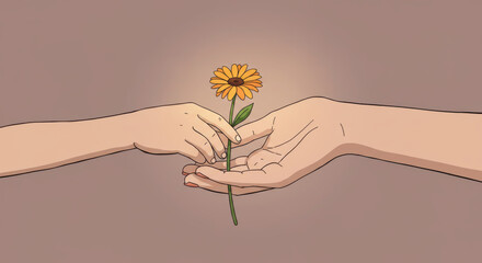 A single sunflower being offered between two welcoming hands