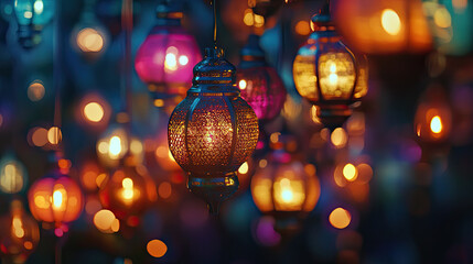 Colorful decorative lanterns glowing in a vibrant market, creating a festive atmosphere