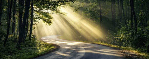 Fototapeta premium Scenic road winding through a misty forest, bathed in warm sunlight, inviting adventure and tranquility.
