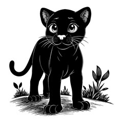 Cute Chibi Cartoon Black Panther Front View on Grass in Black and White Outline Line Art Drawing