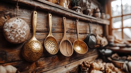 Rustic wooden spoons hanging in a vintage kitchen