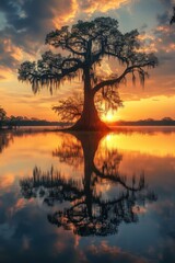 Tree stands in calm water at sunset. Sky filled with warm colors reflected in lake below. Nature landscape with foliage. Tranquil scene. Still.