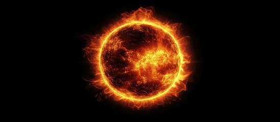 Fototapeta premium Vibrant orange and red sun flare texture against a pitch black background creating an abstract circular pattern with intense fiery edges.