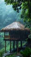 Raining day at tropical hut.