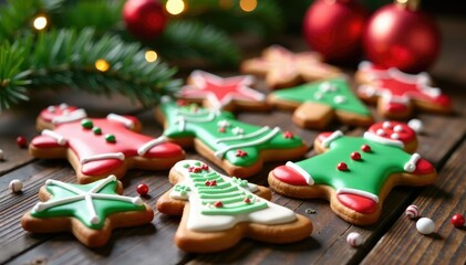 Obraz premium Colorful Christmas gingerbread cookies on a wooden table, decorations, gingerbread cookies