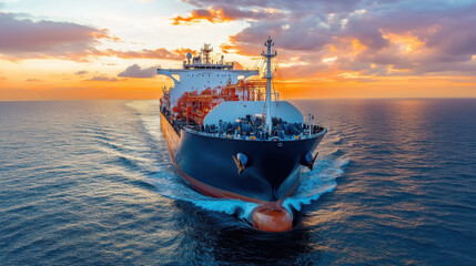 Fototapeta premium Large tanker ship sailing. Cargo vessel moving forward on the sea. Sunset colors in sky. Ocean transport and travel. Maritime shipping concept.