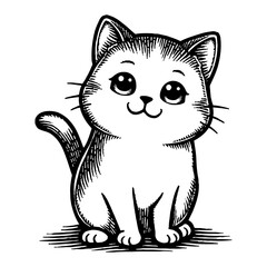 Cute Chibi Cartoon Cat Sitting Front View Detailed Adorable Black and White Outline Line Art Drawing