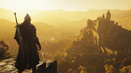 Knight Surveys Majestic Castle at Sunset