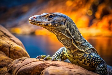 Fototapeta premium Surreal African Water Monitor Lizard on Rock, Fantasy Reptile, Magical Creature, Exotic Wildlife