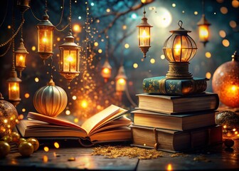Surreal Antique Books Decorated with Paper Lanterns and Fairy Lights - Magical Still Life Photography