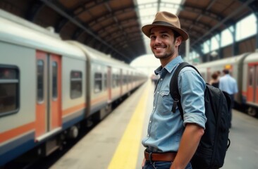 A young man wearing a hat and carrying a backpack stands on the platform at a train station. He smiles while waiting for his train to arrive on a bright day surrounded by travelers.