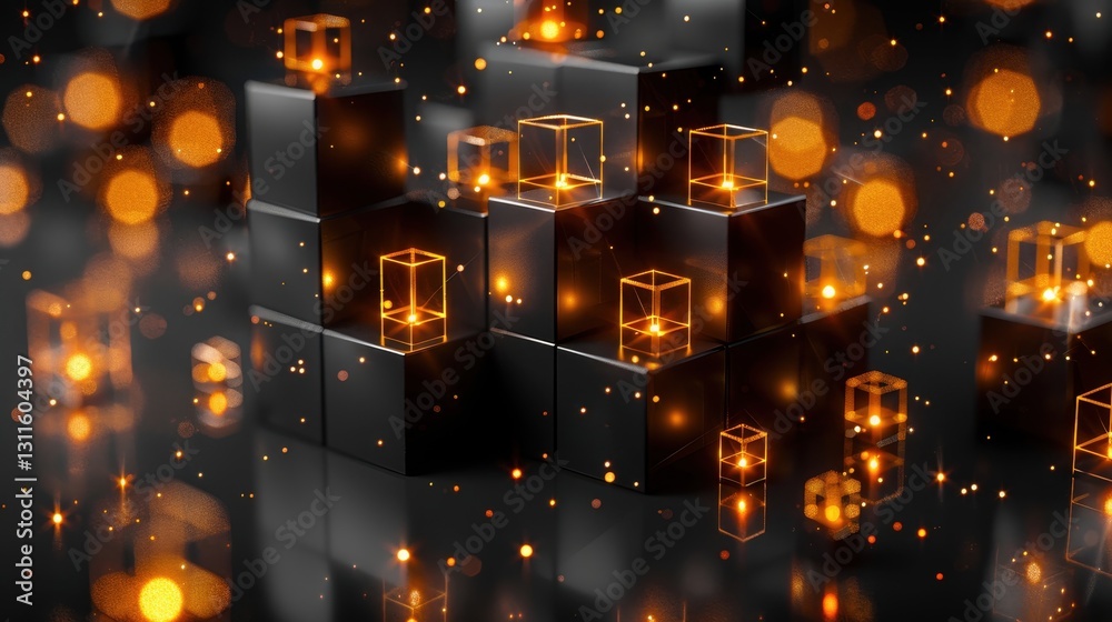 Poster glowing cubes in various sizes are arranged against a dark background creating a captivating display