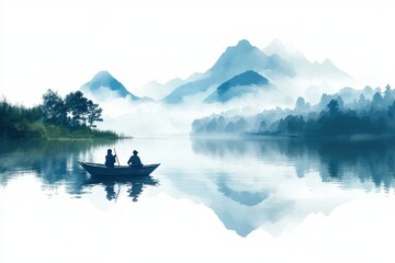 Group of friends enjoying a tranquil boat ride on a beautiful lake surrounded by mountains and pine trees during sunset