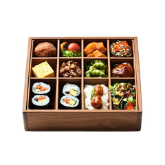 A beautifully arranged bento box filled with colorful dishes.