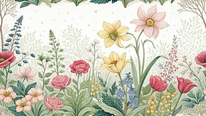 Spring Garden Double Exposure, Floral Dashed Line Illustration, Botanical Art, Nature Photography, Spring Flowers,  Floral Design,  Garden Illustration