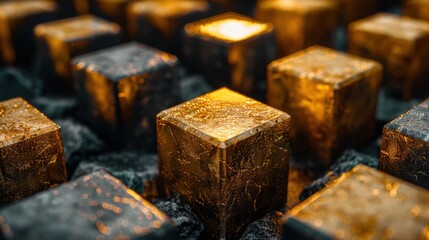 Gleaming gold blocks are organized on a textured dark surface reflecting light and creating a striking contrast. This visually captivating display emphasizes luxury and artistry.