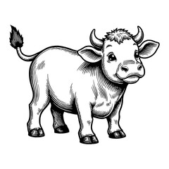Cute Chibi Cartoon Cow Standing Isolated Front View Detailed Black and White Outline Line Art Drawing