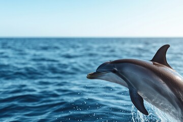 Dolphin leaps gracefully above ocean waves, showcasing joyful ma