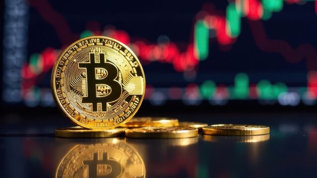 A golden Bitcoin coin is prominently displayed in front of a digital screen showing fluctuating cryptocurrency market trends. The ambiance suggests a late evening trading session focused on Bitcoin.