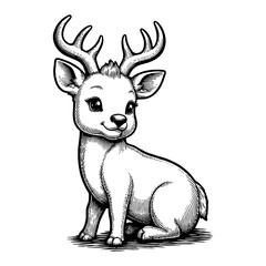 Cute Chibi Cartoon Deer Sitting Front View Detailed Black and White Outline Line Art Drawing