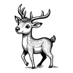 Cute Chibi Cartoon Deer Standing Front View Detailed Hand Drawn Black and White Outline Line Art Drawing