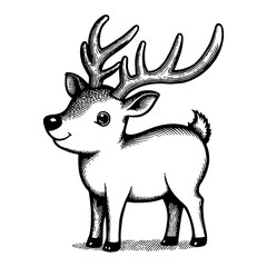 Cute Chibi Cartoon Deer Standing with Detailed Antlers Side View Black and White Outline Line Art Drawing
