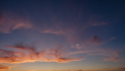 Serene crescent moon glowing through soft clouds at dusk, tranquility