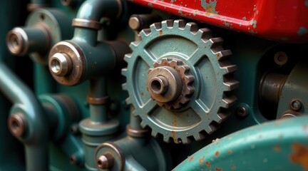 Obraz premium Close-up view of intricately designed aged teal and red industrial machine gears, showcasing the complexity and detail of vintage engineering