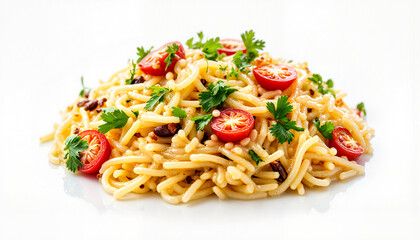 Delicious spaghetti with cherry tomatoes and herbs, fine dining aesthetics